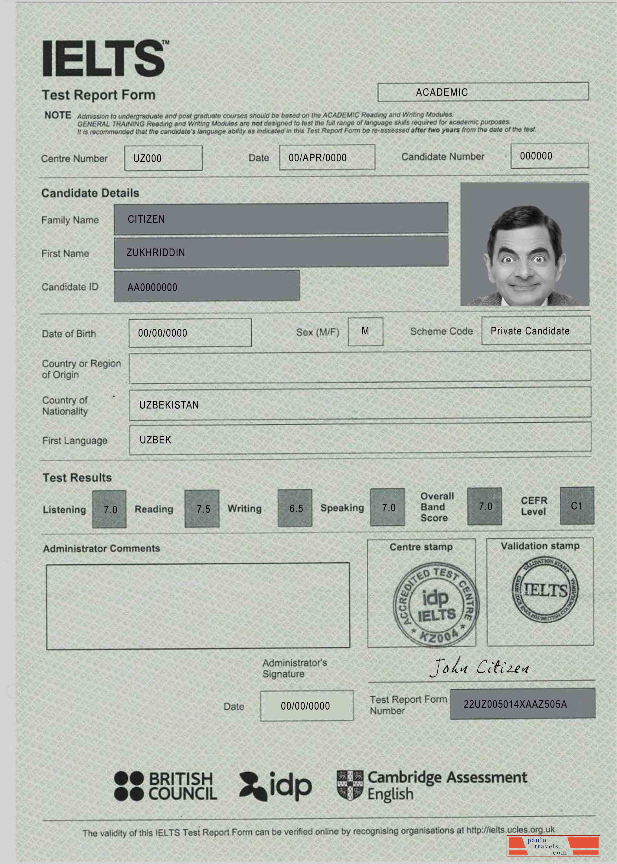 IELTS test report form certificate